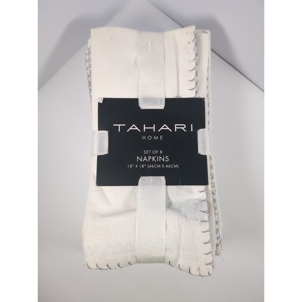 TAHARI Set of 8 Off White Cloth NAPKINS with‎ Silver Trim Stitching 18" x 18"
